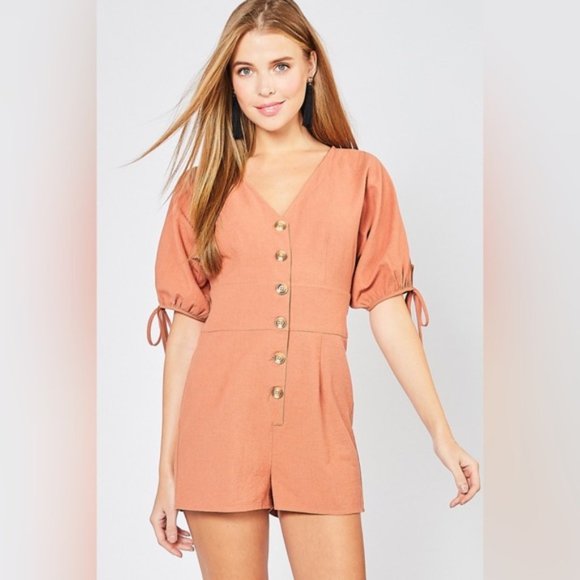 Entro | Sweeter Days Utility Puff Sleeve Retro Button Down Romper Olive Green - Picture 6 of 14